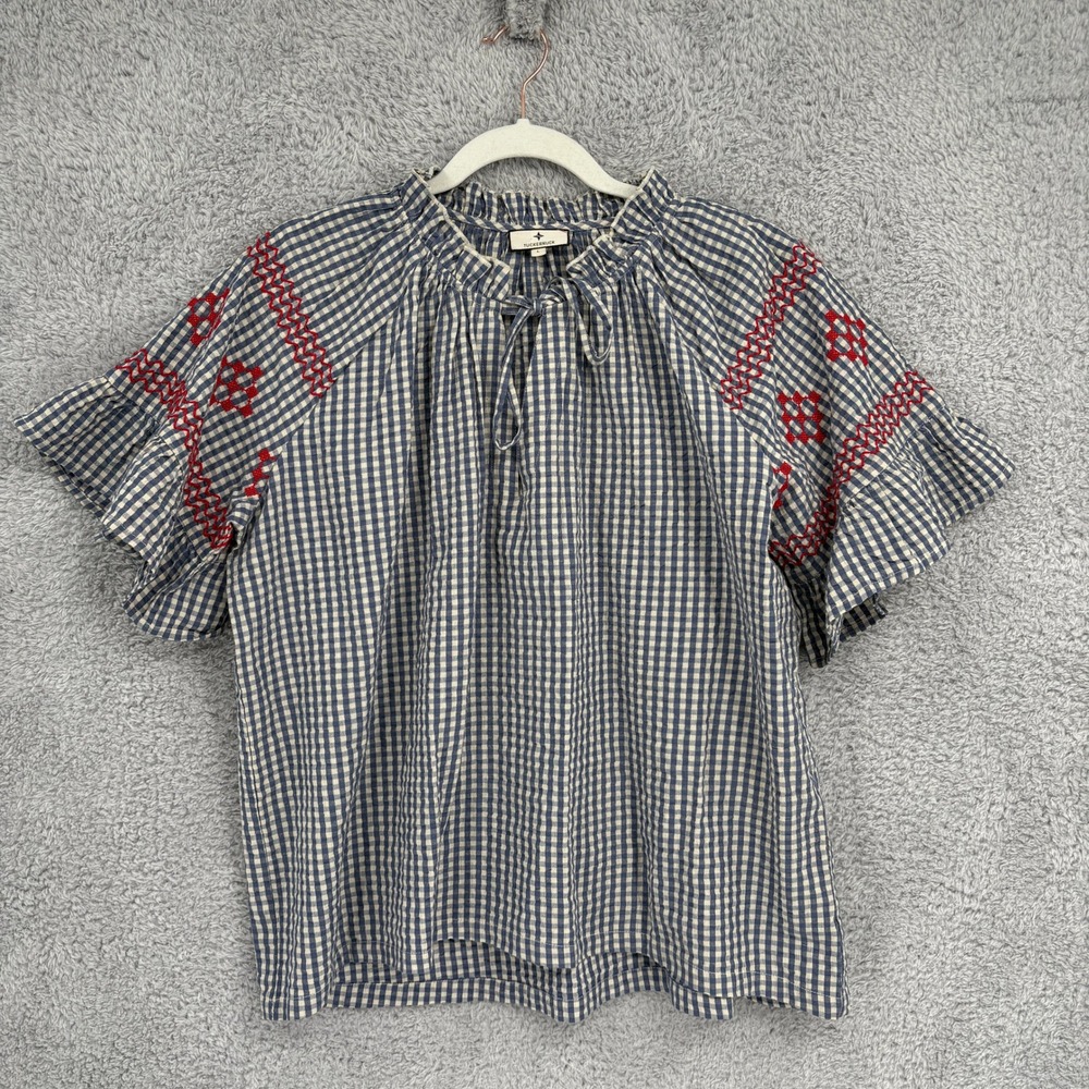 Tuckernuck Beach Cassis Prism Embroidered Gingham Top Size L Navy Blue White Red - Picture 2 of 8